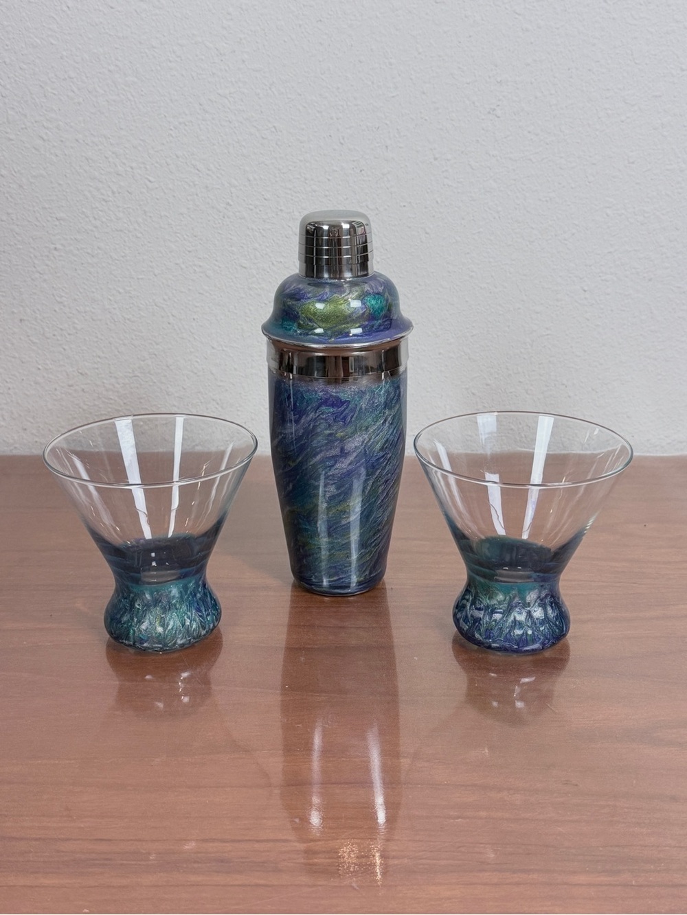 Artisan Iridescent Blue-Green EnamelSwirl Cocktail Shaker Set & Matching Glasses